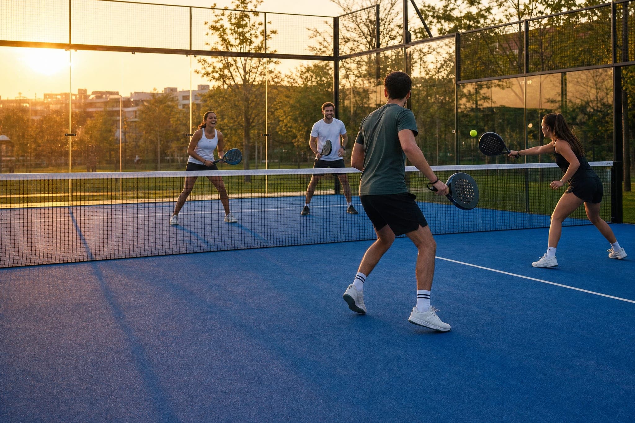 Four friends mid-rally in a doubles padel match on an outdoor court at sunset, one about to play the ball at the net.