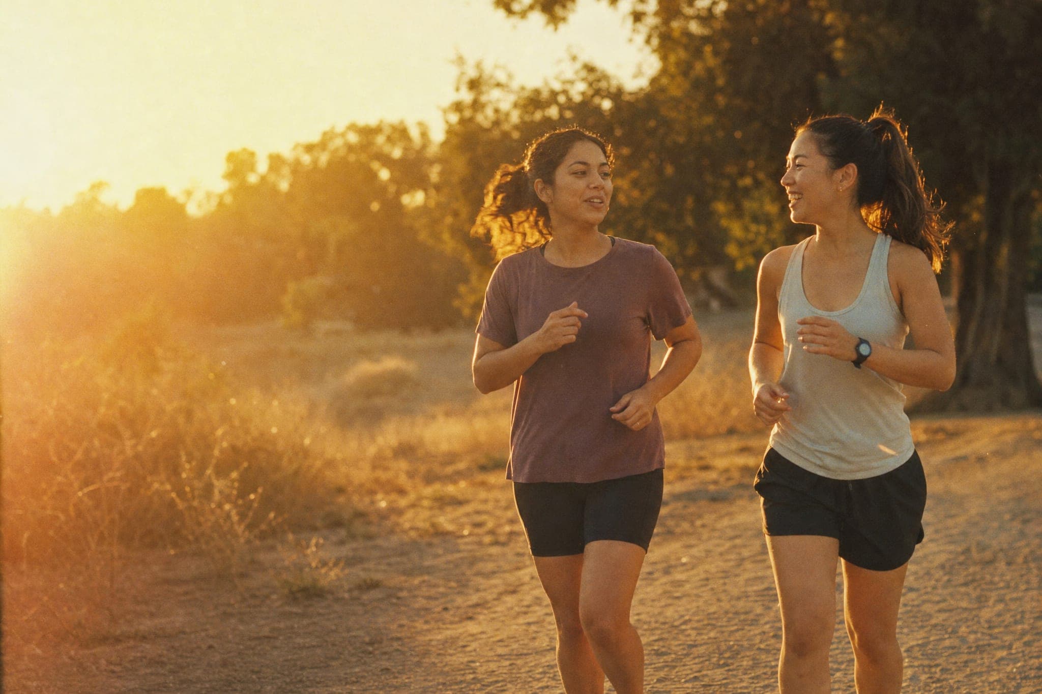 Two women running together on a dirt path at sunset, mid conversation, one laughing.